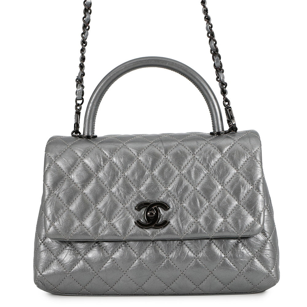 CHANEL Matelasse Coco Handle 2-Way Handbag Gray MetallicA92991 Vintage Calf Leather Size 29