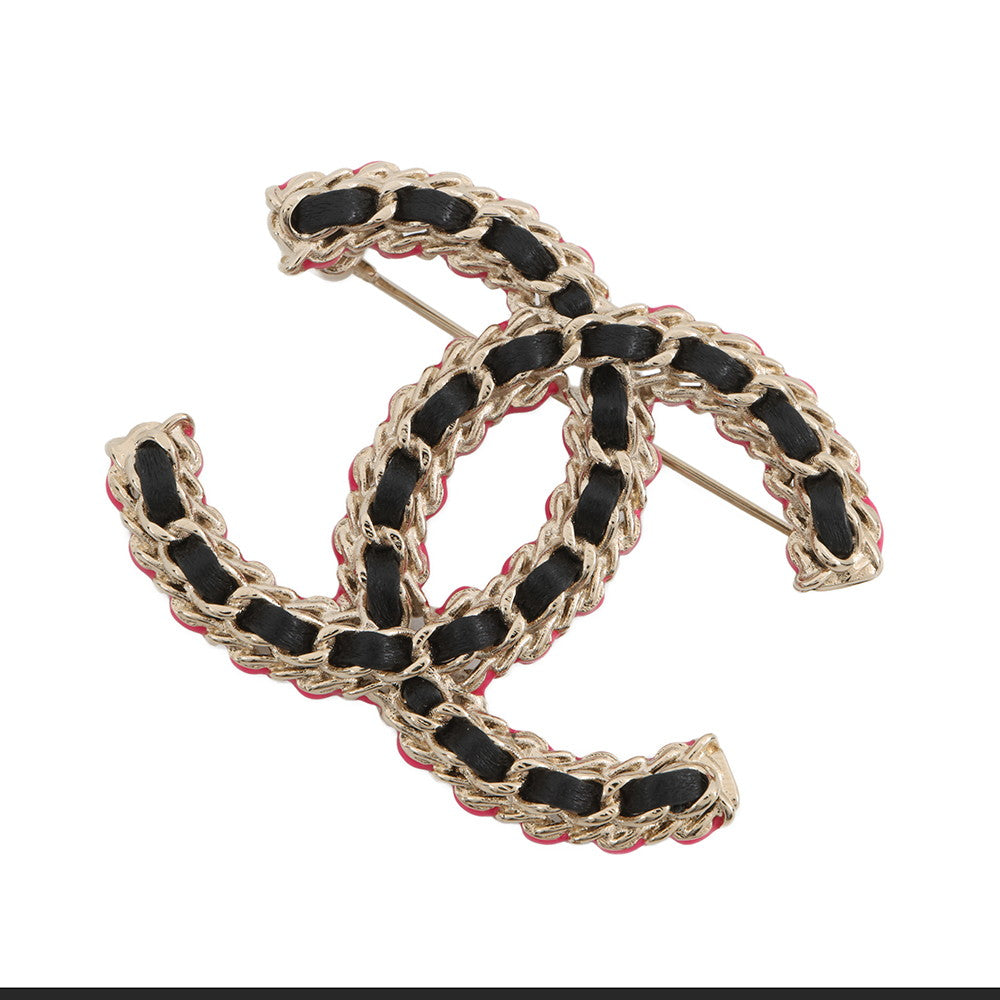 CHANEL CC Logo Brooch Black/Pink/GoldABB478 Metal Calf Leather
