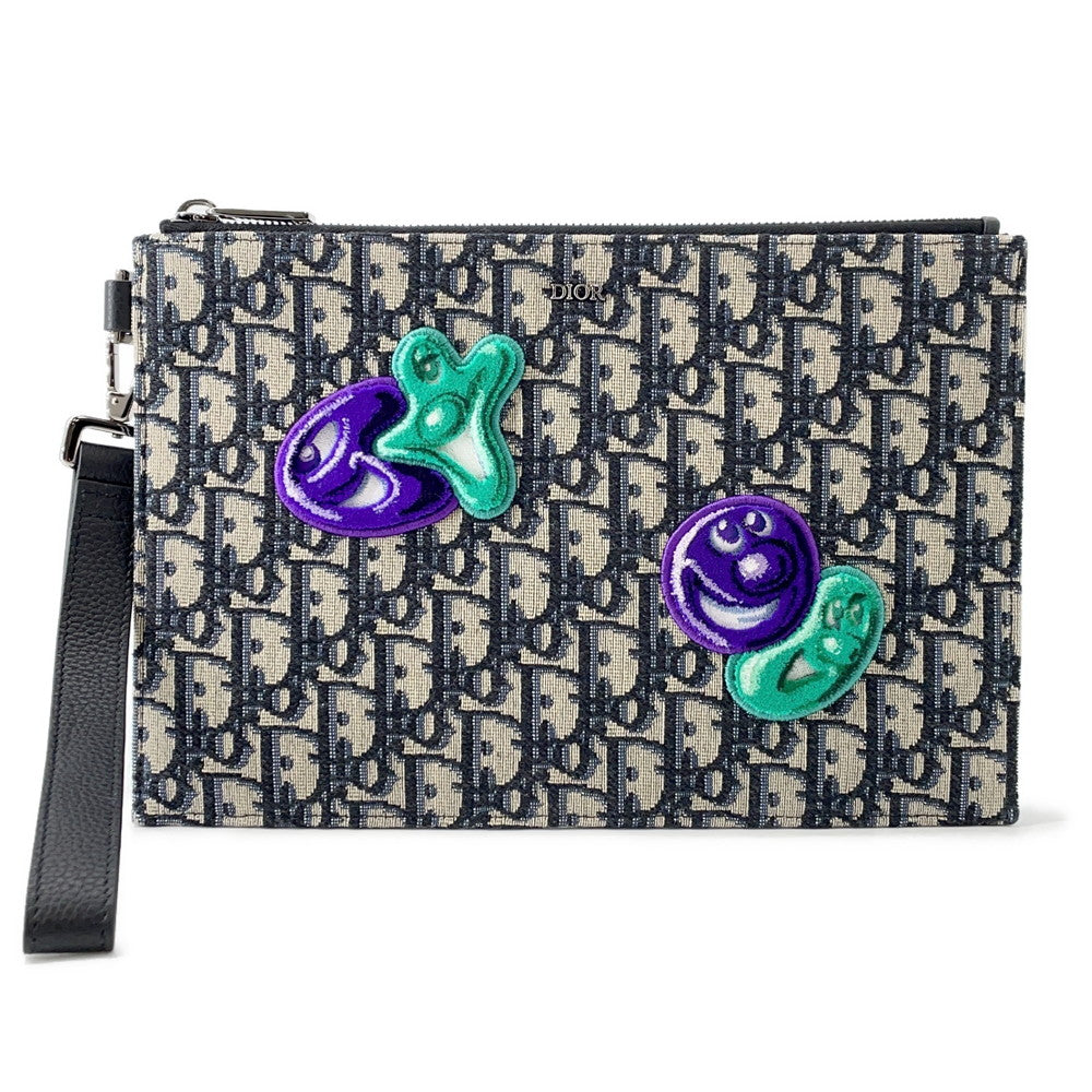 Dior Kenny Scharf Collaboration Oblique Clutch Bag Black/Beige Jacquard canvas