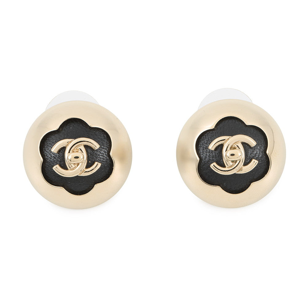 CHANEL CC Logo Dome Earrings BlackABG001 Leather Gold Plated