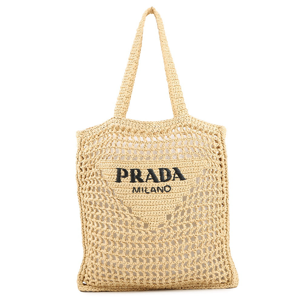 PRADA Logo Crochet Tote Bag Natural2VG105 Raffia