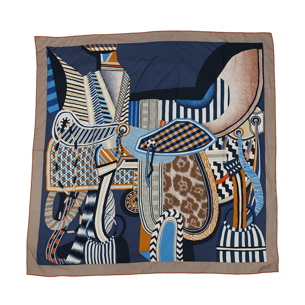 HERMES Giant Square La Selle Imaginaire Imaginary Saddle Size 140 Marron glacé/Blue/Ochre Cashmere70% Silk30%