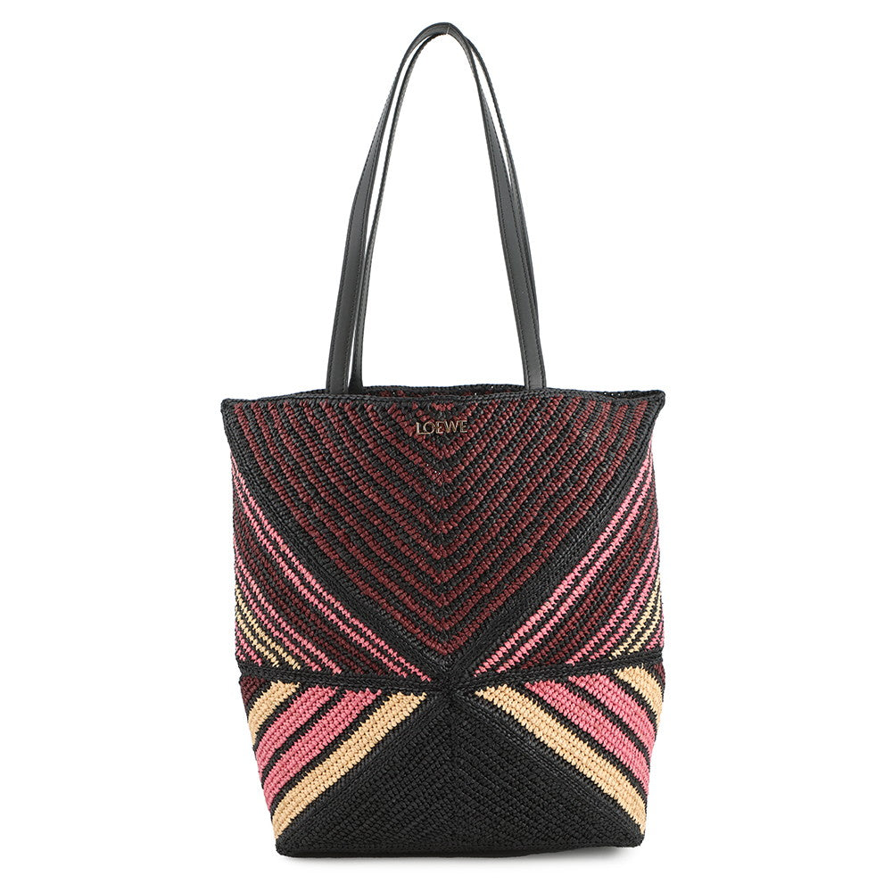 LOEWE Paula Ibiza Puzzle Fold Tote Burgundy/Pink/Beige/BlackA779G50X37 Raffia Leather Size Medium