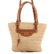 Load image into Gallery viewer, BALENCIAGA Le City Basket 2WAY Tote Bag Natural/Camel828888 Raffia Lambskin Size Medium
