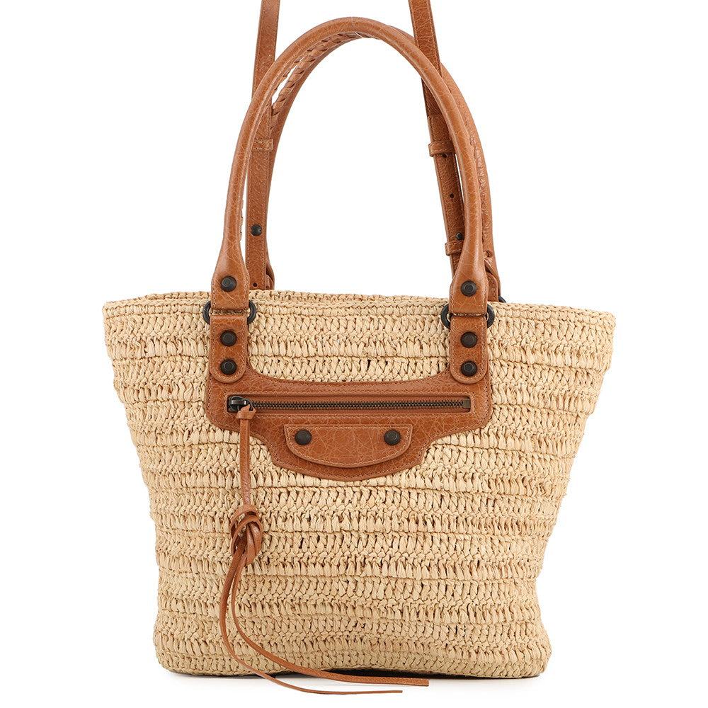 BALENCIAGA Le City Basket 2WAY Tote Bag Natural/Camel828888 Raffia Lambskin Size Medium