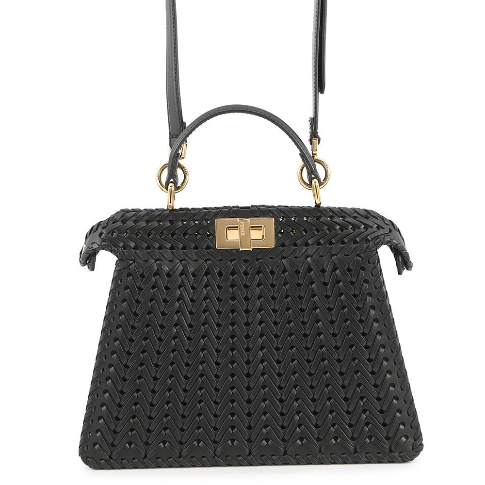 FENDI Peekaboo ISeeU Braided Black8BN327 Leather Size Small