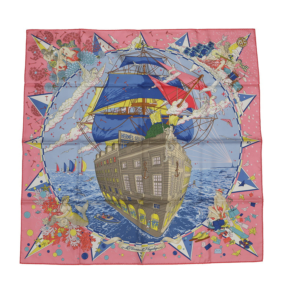 HERMES Carre Hermes Flagship HERMES Flagship Size 90 Rose Bonbon/Blue/Multicolor Silk100%