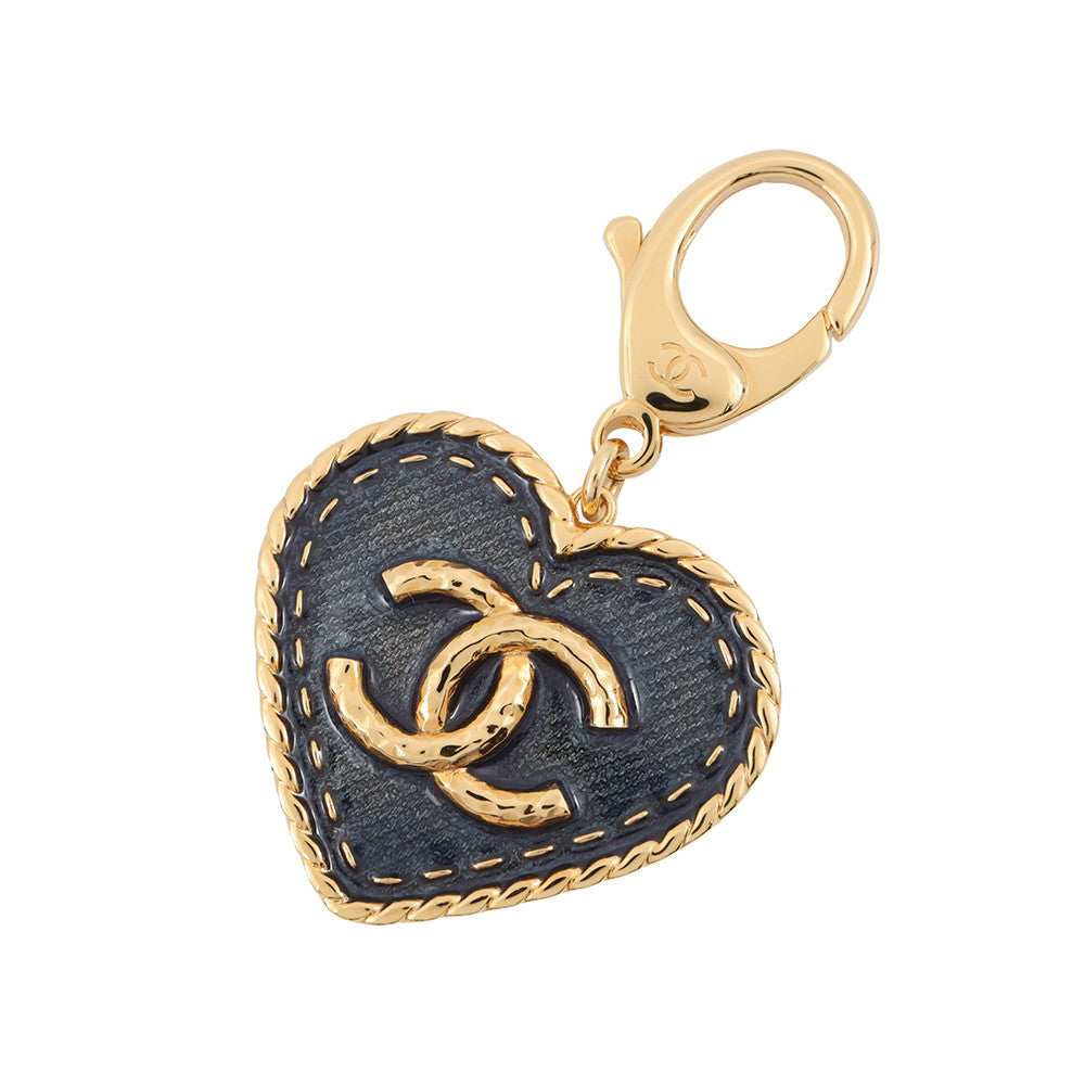 CHANEL CC Logo Denim Bag Charm with Heart Motif NavyABC827 Gold Plated Resin