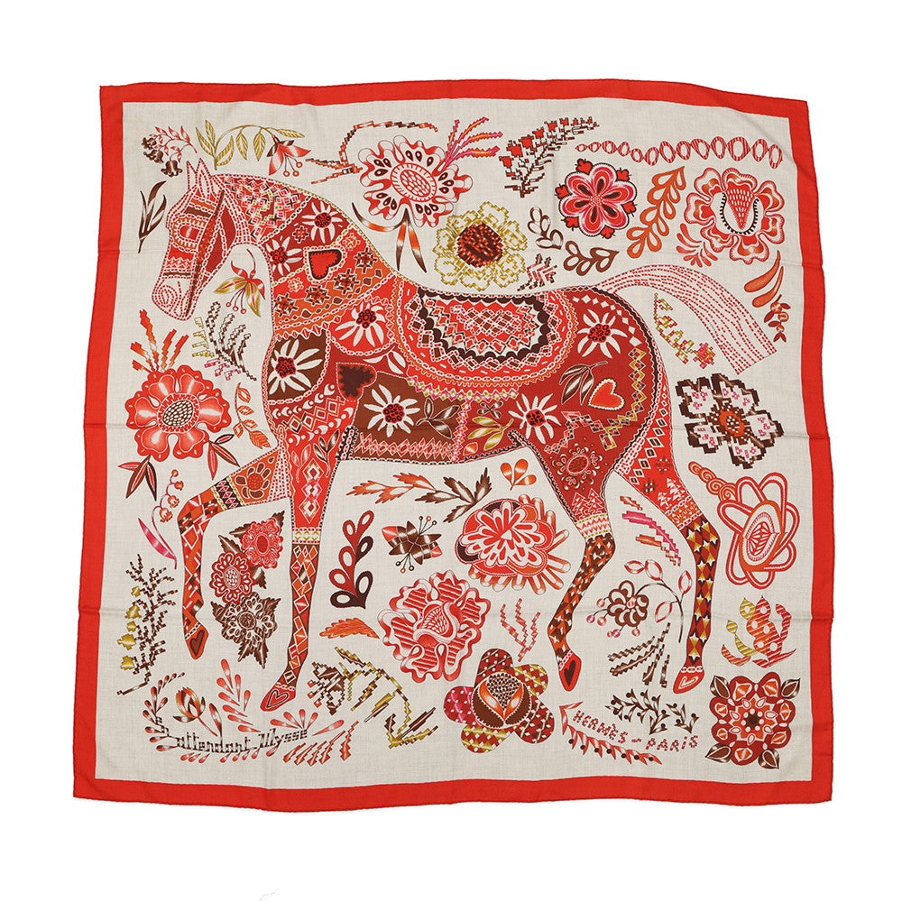 HERMES Giant Square En Attendant Ulysse Size 140 Natural/Orange/Blanc Cashmere70% Silk30%