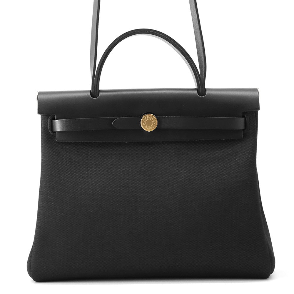 HERMES Herbag zip Black Toile Military Vache Hunter Leather Size PM