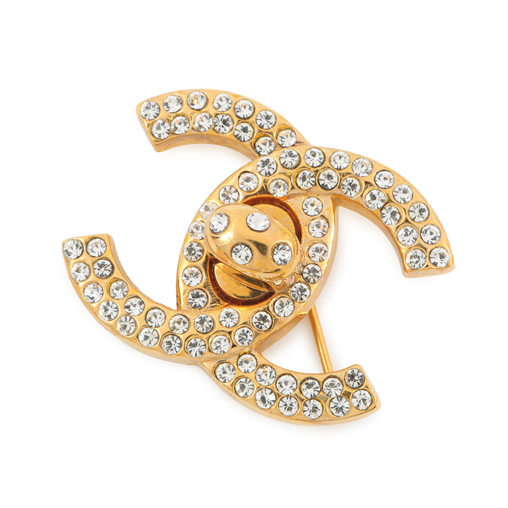 CHANEL Turnlock CC Logo Brooch Gold Plated Rhinestone