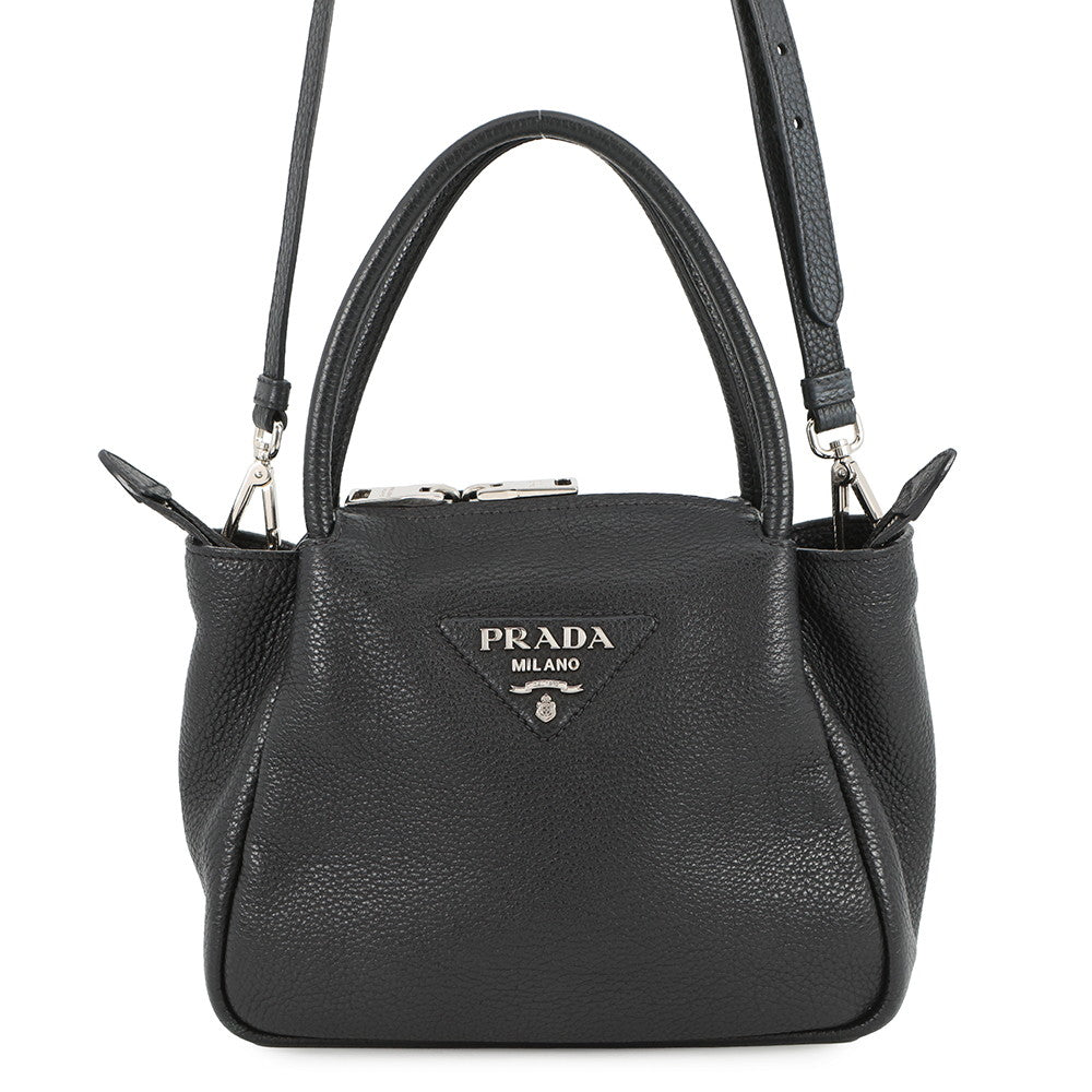 PRADA Vitello Dino 2WAY Handbag Black1BC145 Leather Size Small