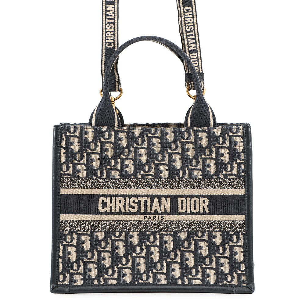 Dior Oblique Embroidery Book Tote NavyM1325CZBB Canvas Calf Leather Size Small