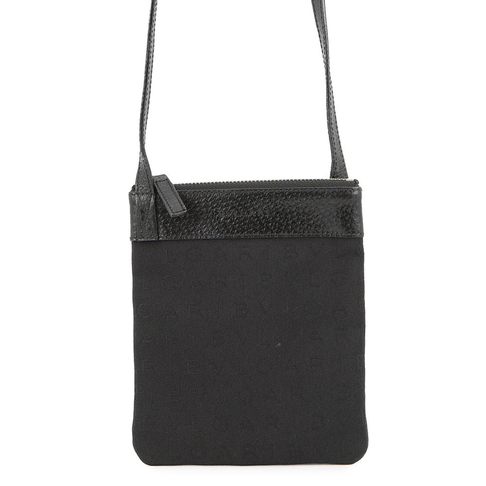 BVLGARI Logomania Shoulder Pouch Black Canvas Leather