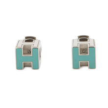 Load image into Gallery viewer, HERMES Cage Do Ash H Cube Earrings Light Blue Metal
