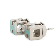 Load image into Gallery viewer, HERMES Cage Do Ash H Cube Earrings Light Blue Metal

