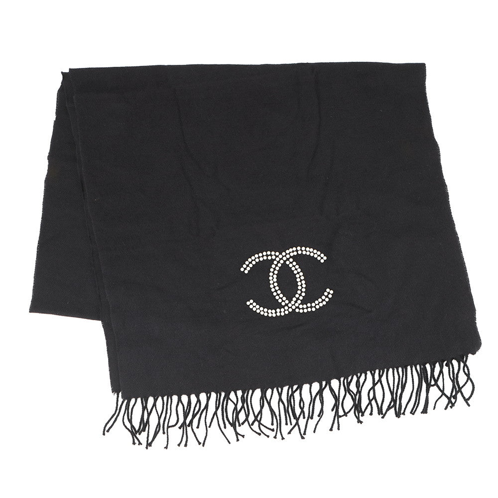 CHANEL Faux Pearl CC Logo Scarf Black Cashmere82% Silk18% Faux Pearl