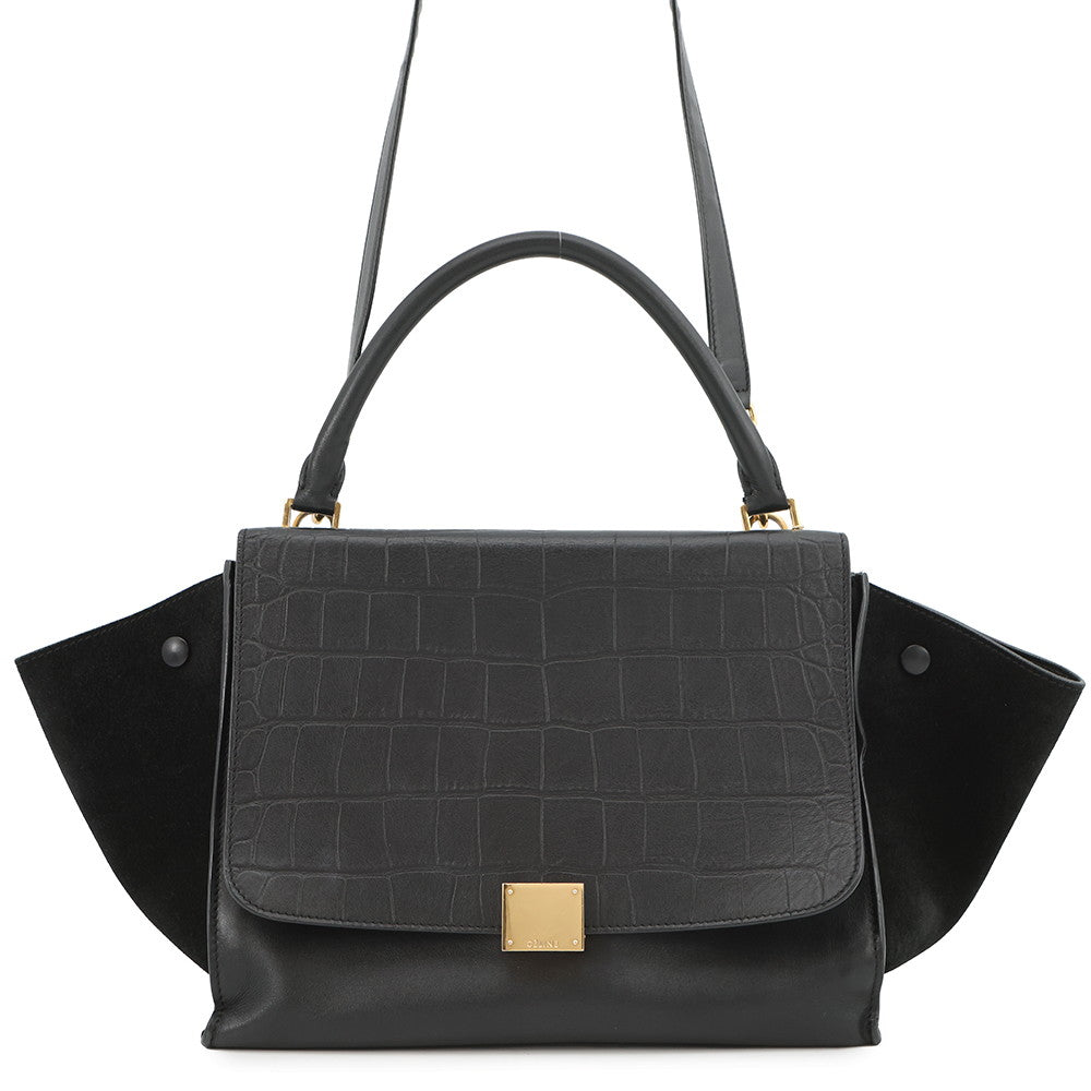CELINE Trapeze 2WAYBag Black Crocodile Embossed Leather Suede