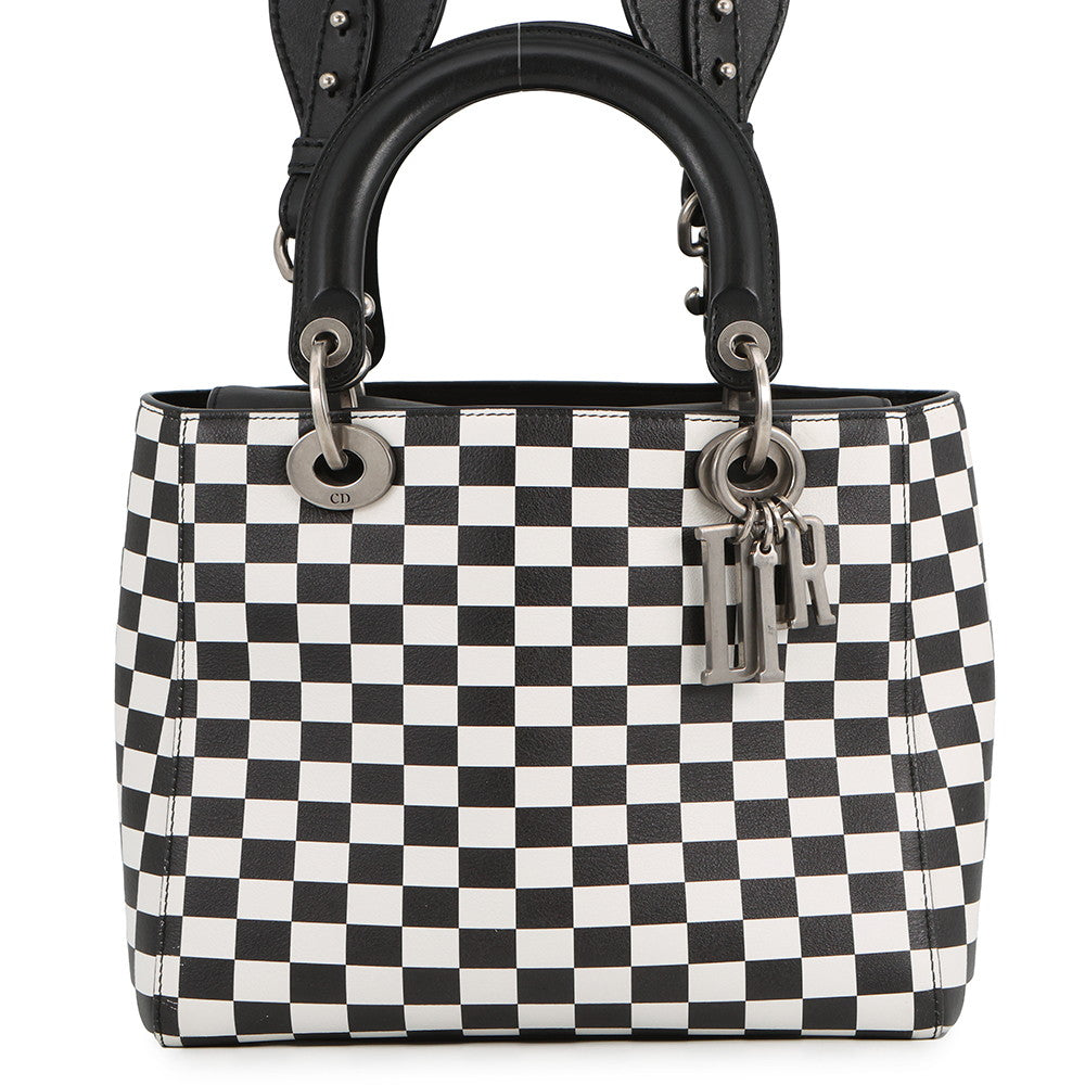 Dior Lady's Dior Checkered 2-Way Bag White/Black Leather Size Medium