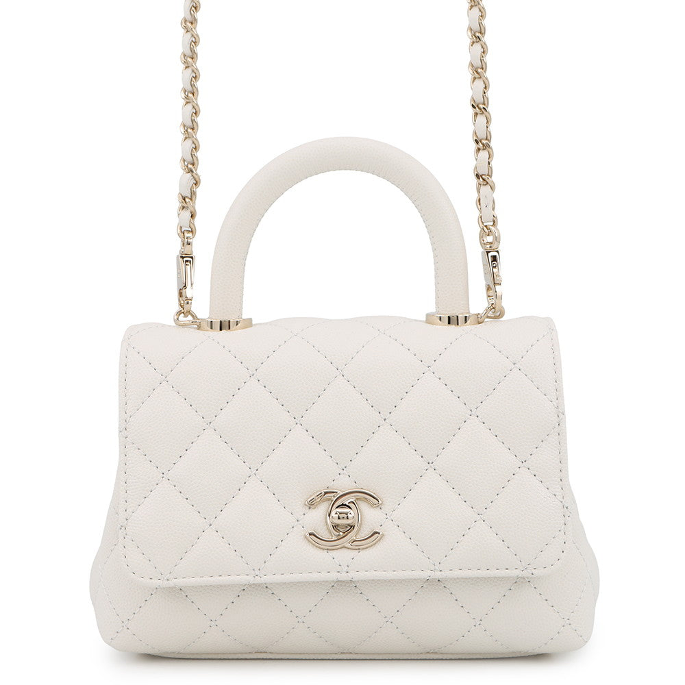 CHANEL Matelasse Coco Handle WhiteAS2215 Caviar Leather Size XXS
