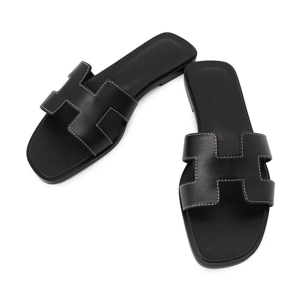 HERMES Oran Sandals Black Leather Size 36