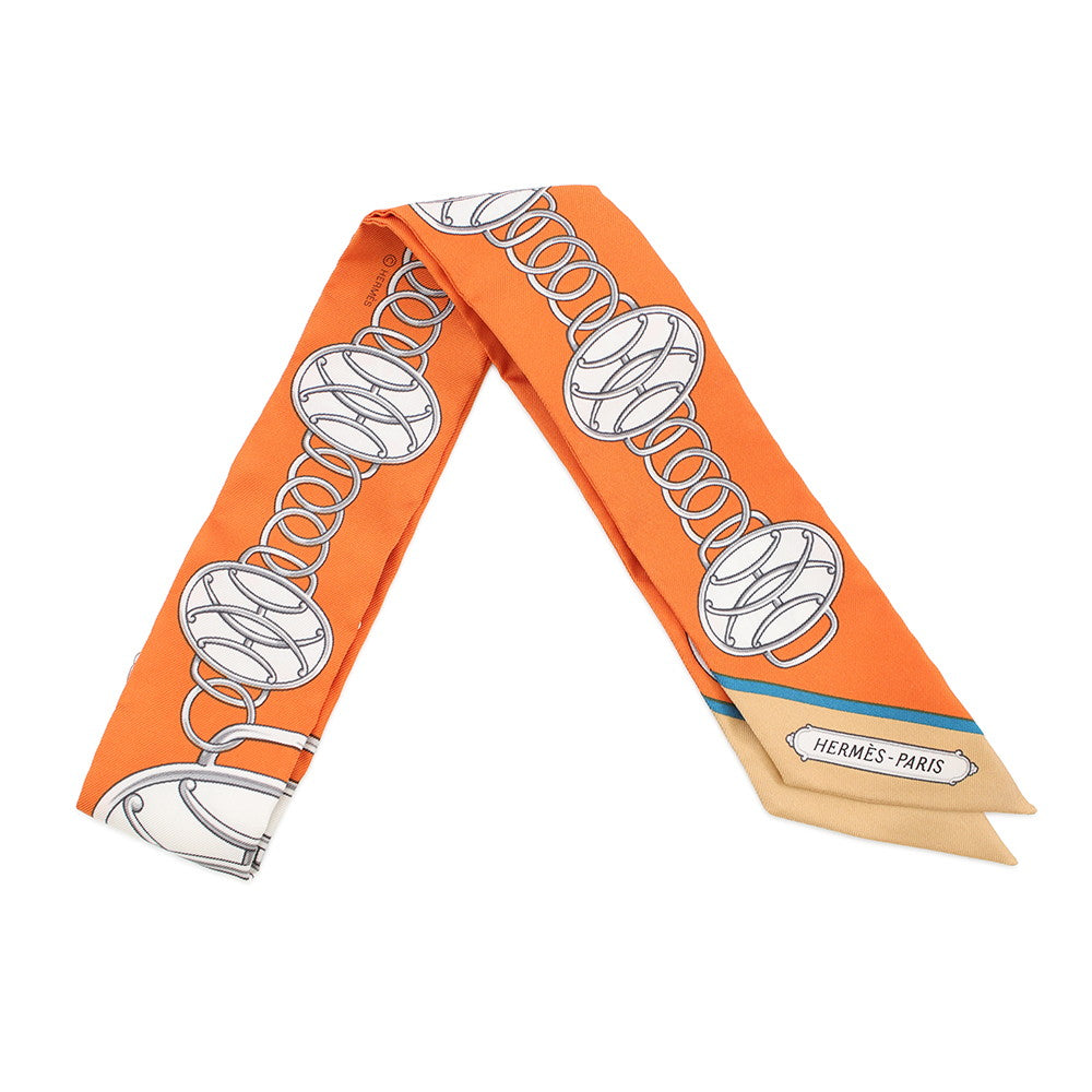 HERMES Twilly LIFT PROFIL Potiron Orange/Beige/Grease Silk100%