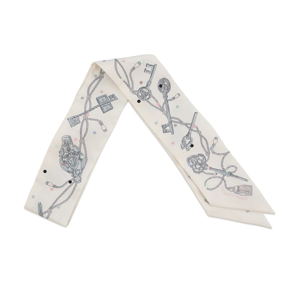 HERMES Scarf Twilly Les Cres à Pois White/Gris Assie/Multicolor Silk 100%