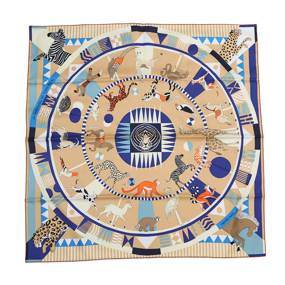 HERMES Carre Royal Tiger Carousel Size 90 Beige・Dore/Indigo/Creme Silk100%