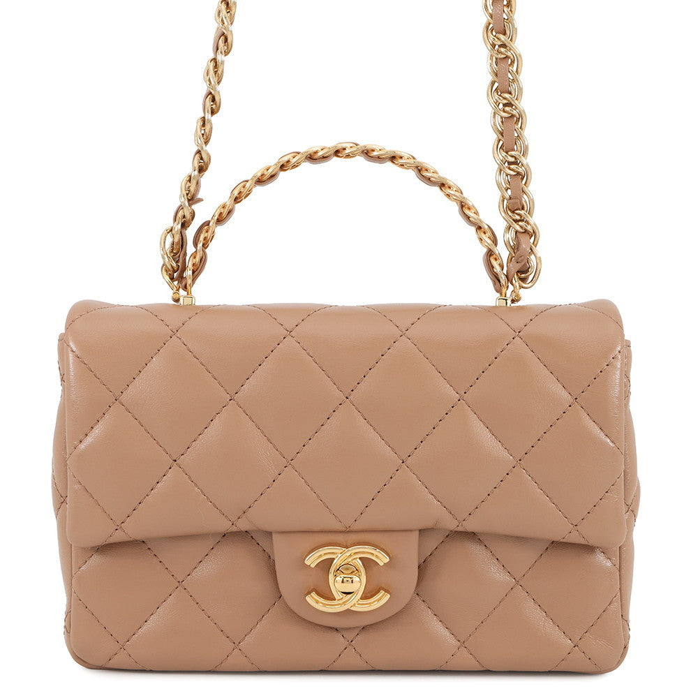 CHANEL Matelasse Top Handle 2-Way Chain Shoulder Bag BeigeAS4023 Shiny Lambskin Size Small