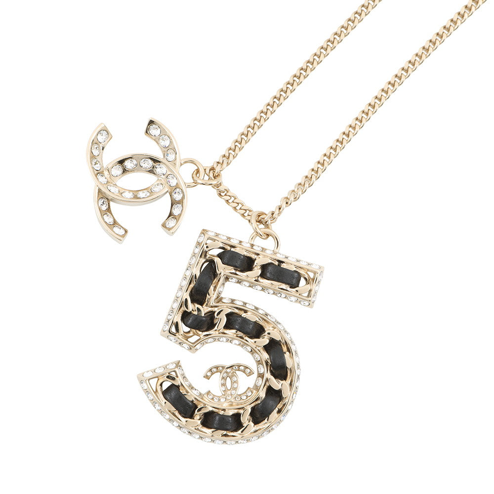 CHANEL CC Logo No.5 motif necklace Champagne Gold/Black Metal Rhinestone Leather
