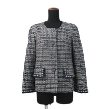 Load image into Gallery viewer, CHANEL Collarless Tweed Jacket Size 36 Gray/Navy/SilverP60886 Viscose 47% Polyamide 30% Cotton 16% Polyester 5% Metal Polyester 2%
