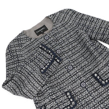 Load image into Gallery viewer, CHANEL Collarless Tweed Jacket Size 36 Gray/Navy/SilverP60886 Viscose 47% Polyamide 30% Cotton 16% Polyester 5% Metal Polyester 2%
