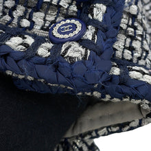 Load image into Gallery viewer, CHANEL Collarless Tweed Jacket Size 36 Gray/Navy/SilverP60886 Viscose 47% Polyamide 30% Cotton 16% Polyester 5% Metal Polyester 2%

