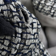 Load image into Gallery viewer, CHANEL Collarless Tweed Jacket Size 36 Gray/Navy/SilverP60886 Viscose 47% Polyamide 30% Cotton 16% Polyester 5% Metal Polyester 2%
