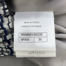 Load image into Gallery viewer, CHANEL Collarless Tweed Jacket Size 36 Gray/Navy/SilverP60886 Viscose 47% Polyamide 30% Cotton 16% Polyester 5% Metal Polyester 2%
