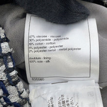 Load image into Gallery viewer, CHANEL Collarless Tweed Jacket Size 36 Gray/Navy/SilverP60886 Viscose 47% Polyamide 30% Cotton 16% Polyester 5% Metal Polyester 2%
