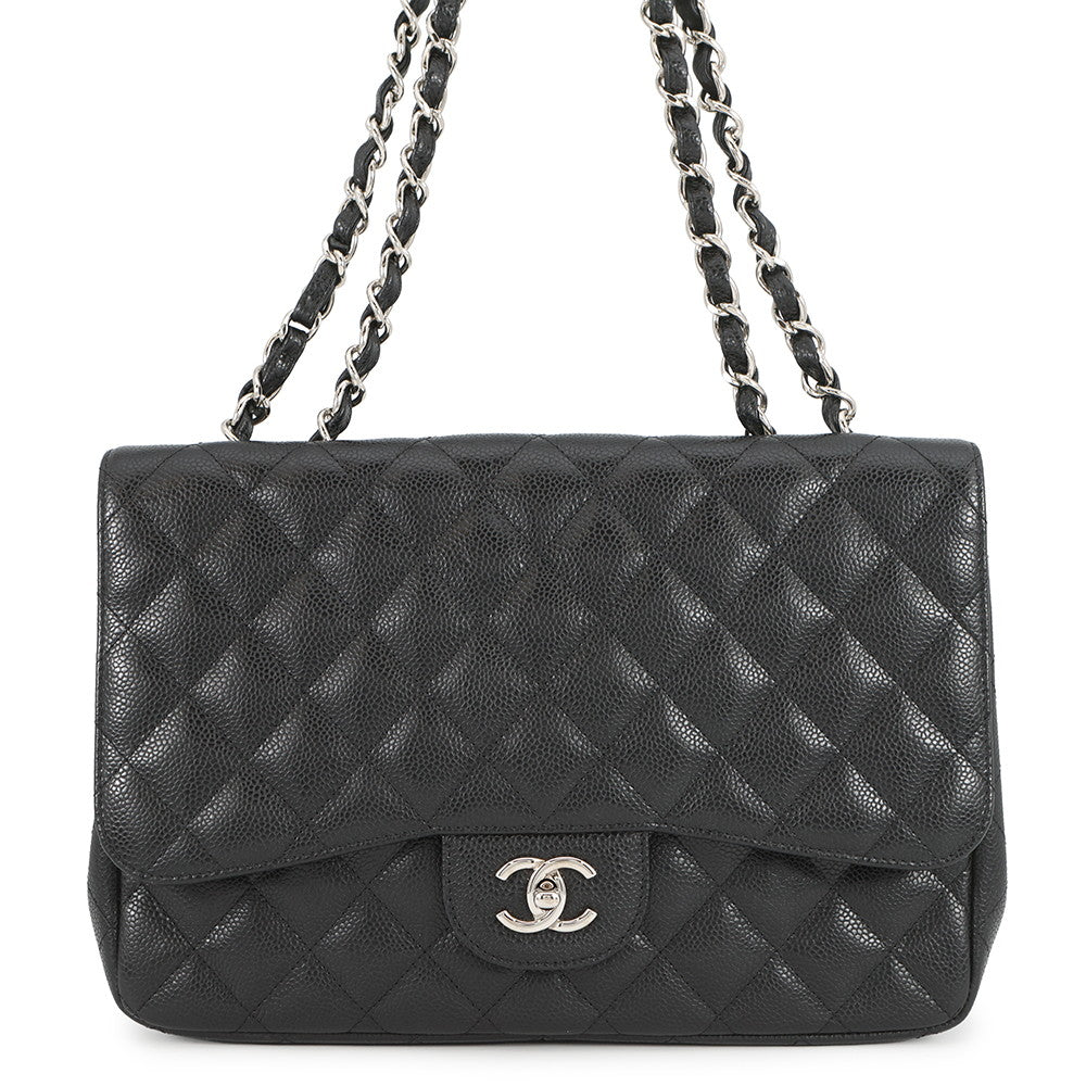 CHANEL Jumbo Matelasse Single Flap ChainShoulder Bag BlackA28600 Caviar Leather Size 30