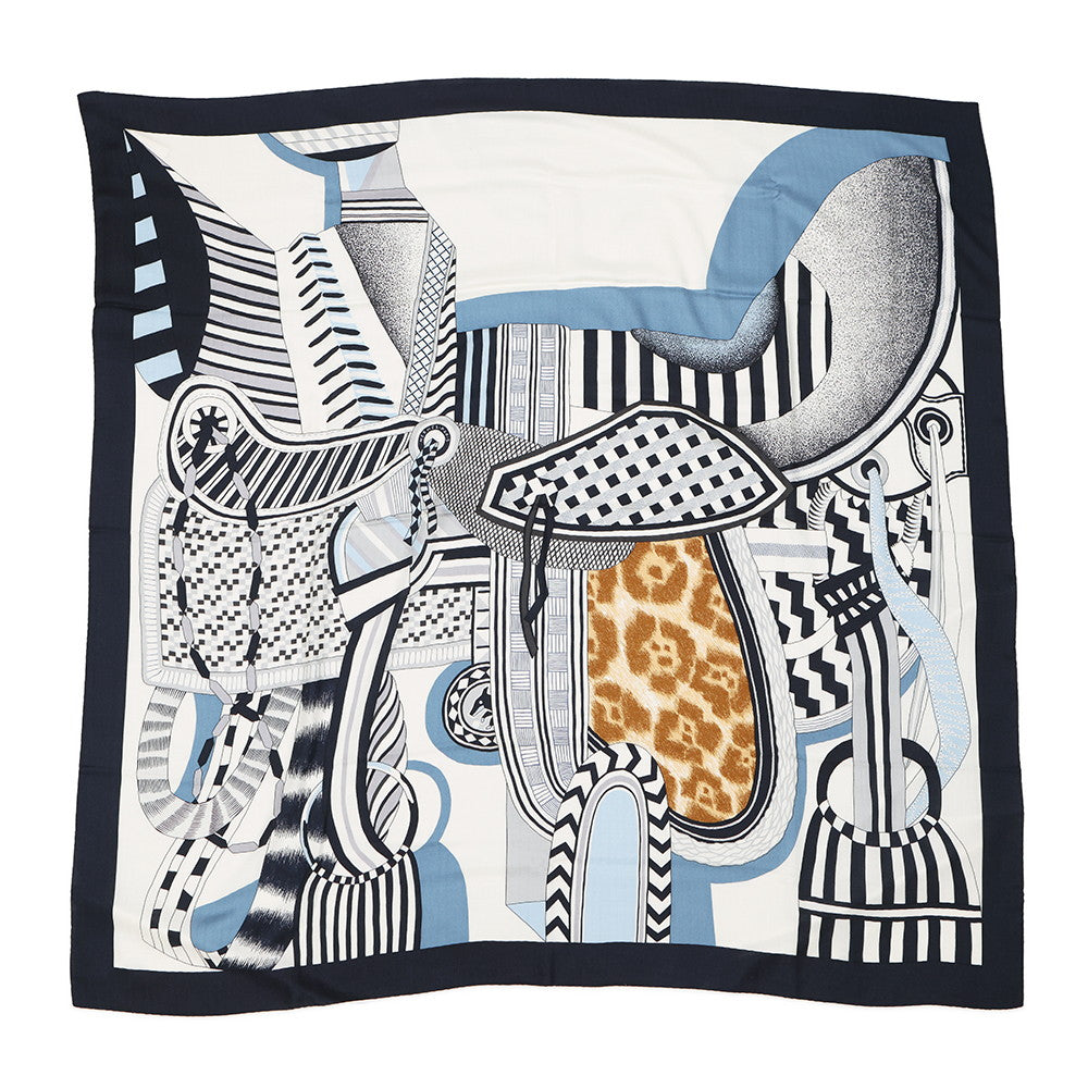 HERMES Giant Square Imaginary Saddle Marine/White/Blue Cashmere70% Silk30%