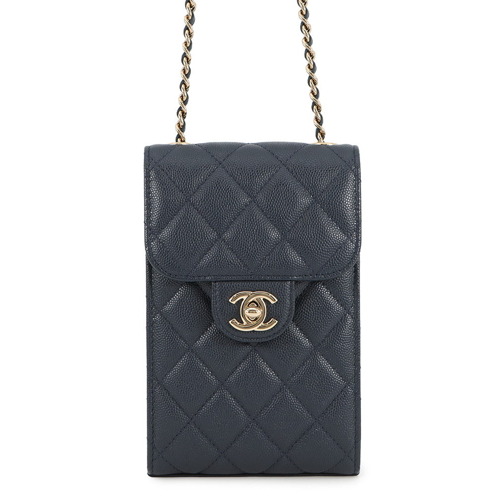 CHANEL Matelasse Shoulder Phone Case NavyAP0249 Caviar Leather