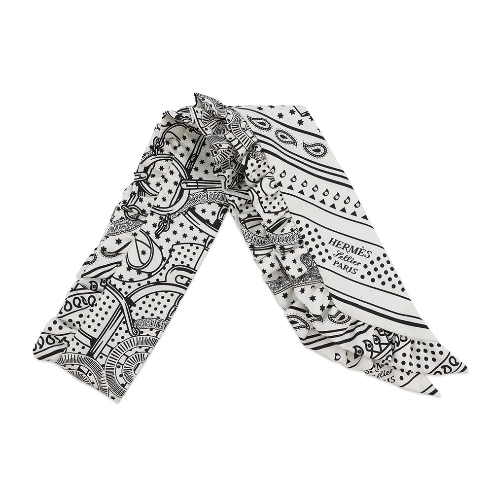 HERMES Twilly Frill Apron Doll Bandana White/BlackH852978S Silk100%