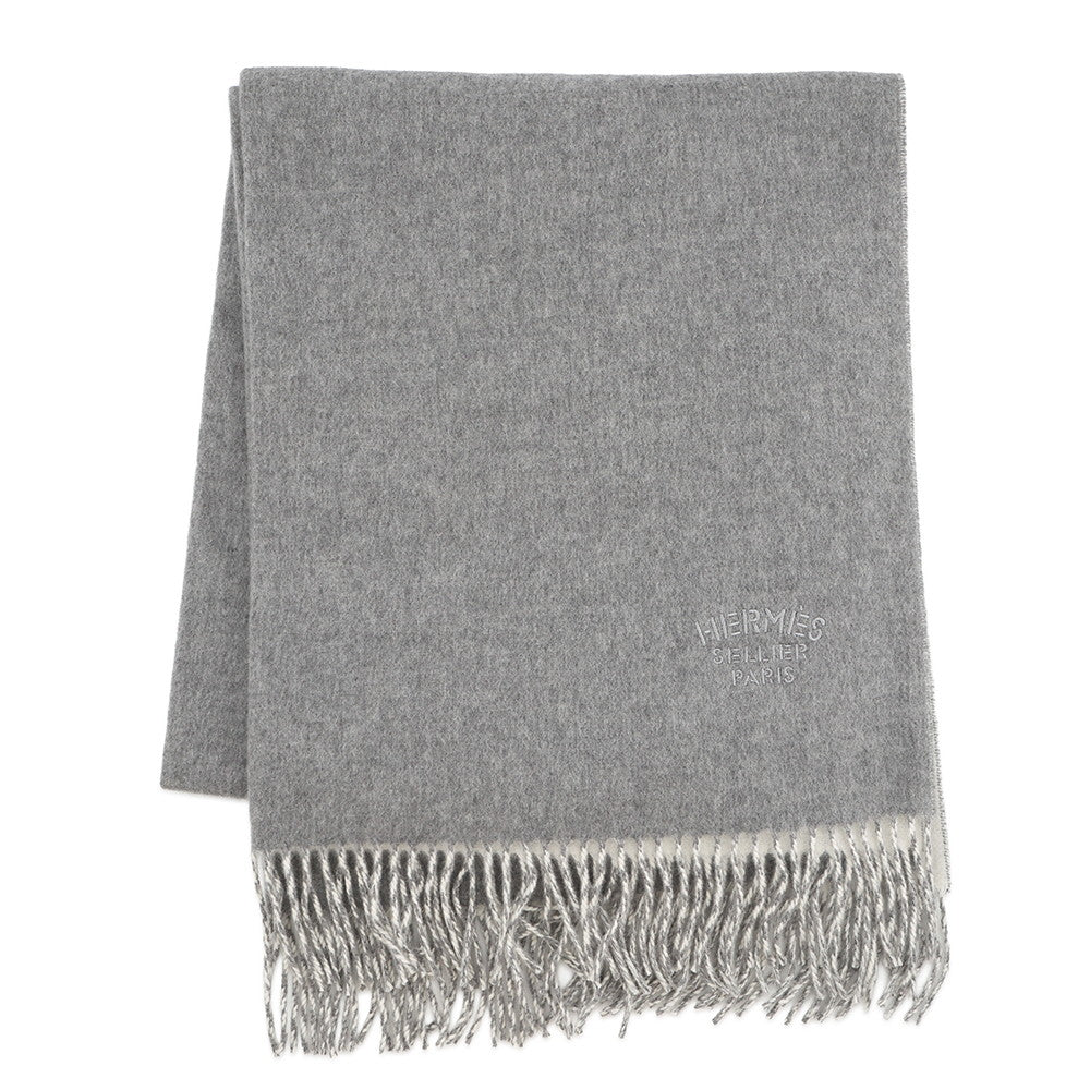 HERMES Logo scarf Gray/White Cashmere100%