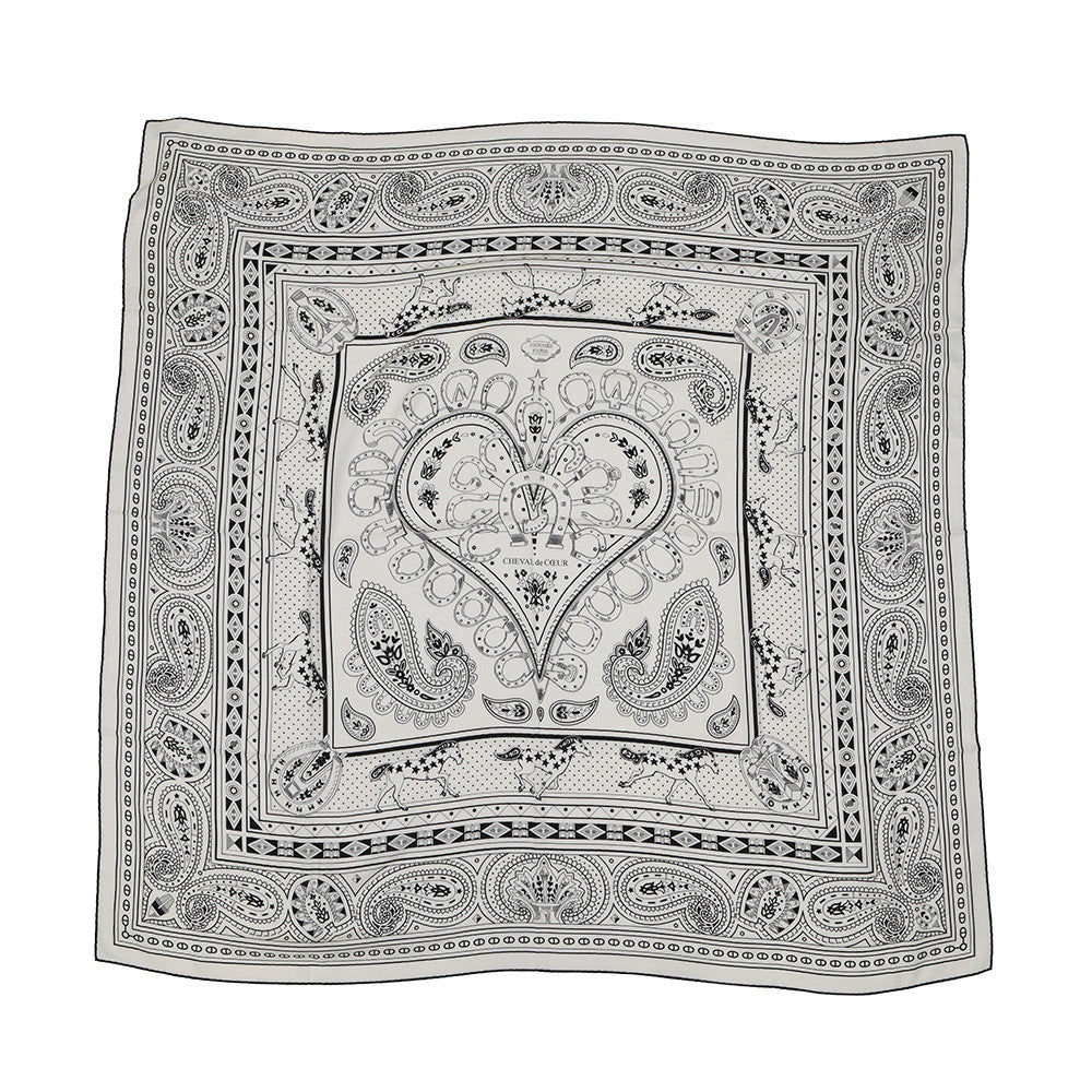 HERMES Giant Square 140《 Cheval de Coeur Bandana 》 Size 140 White/Black Cashmere70% Silk30%