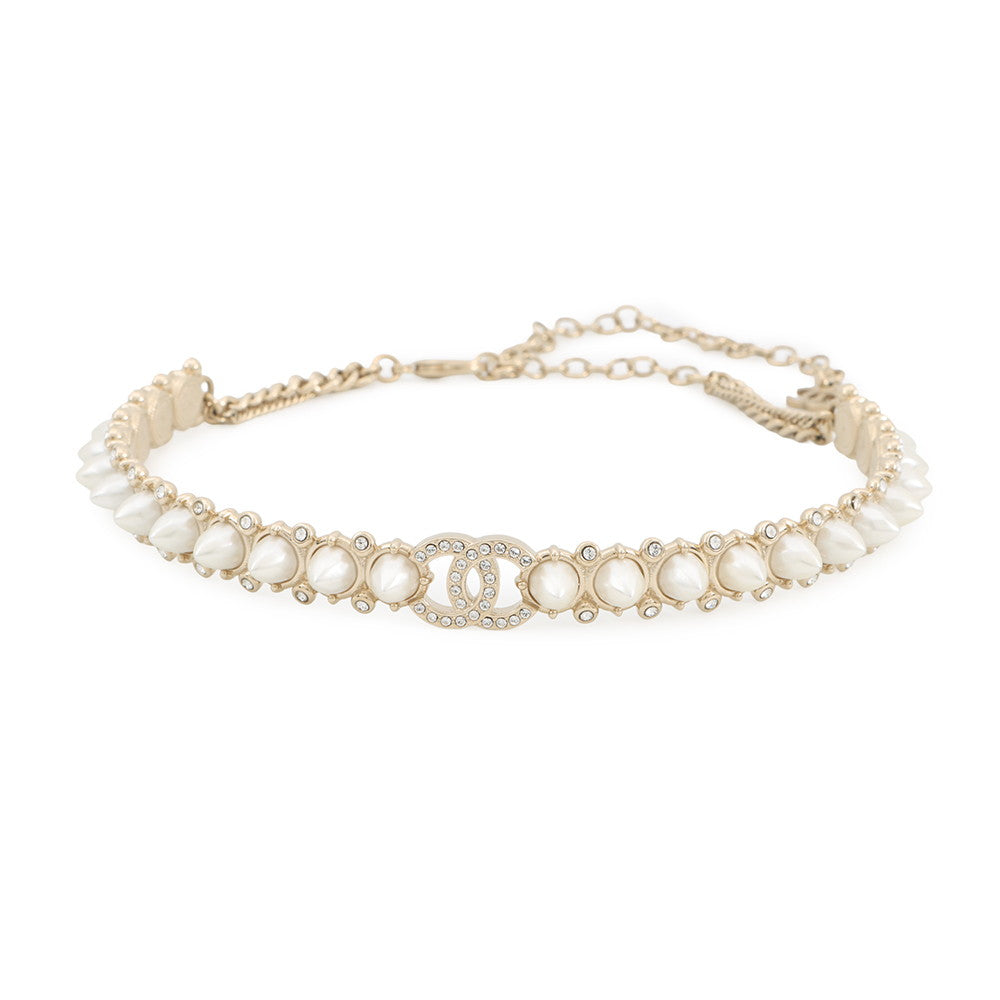 CHANEL Pearl Studded Choker Champagne Gold/WhiteAB7624 Metal Faux Pearl Rhinestone