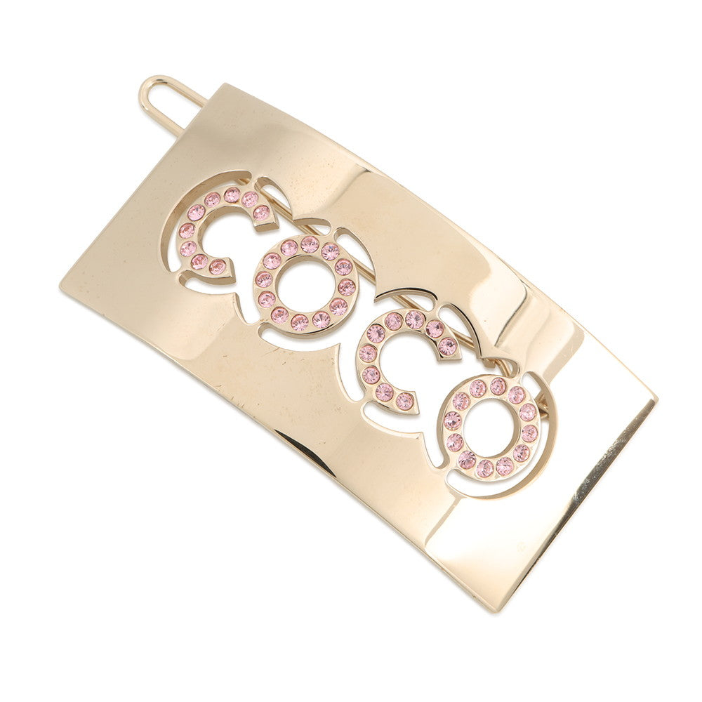 CHANEL COCO Barrette Champagne Gold/Pink Metal Rhinestone
