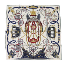 将图像加载到图库查看器中，HERMES Carre Stately Wheels Size 90 Creme/Bordeaux/Blue Silk100%
