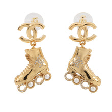 Load image into Gallery viewer, CHANEL CC Logo Roller Skate Earrings Gold Gold Plated Rhinestone Faux Pearl
