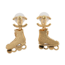 Load image into Gallery viewer, CHANEL CC Logo Roller Skate Earrings Gold Gold Plated Rhinestone Faux Pearl
