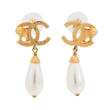 Load image into Gallery viewer, CHANEL Lion Motif Faux Pearl Drop Earrings Gold Plated Faux Pearl

