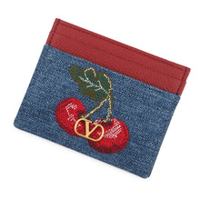 将图像加载到图库查看器中，Valentino Garavani V Logo Cherry Fick Embroidery Card Holder Blue/Red7W2P0AJ7BRJ Denim/Leather

