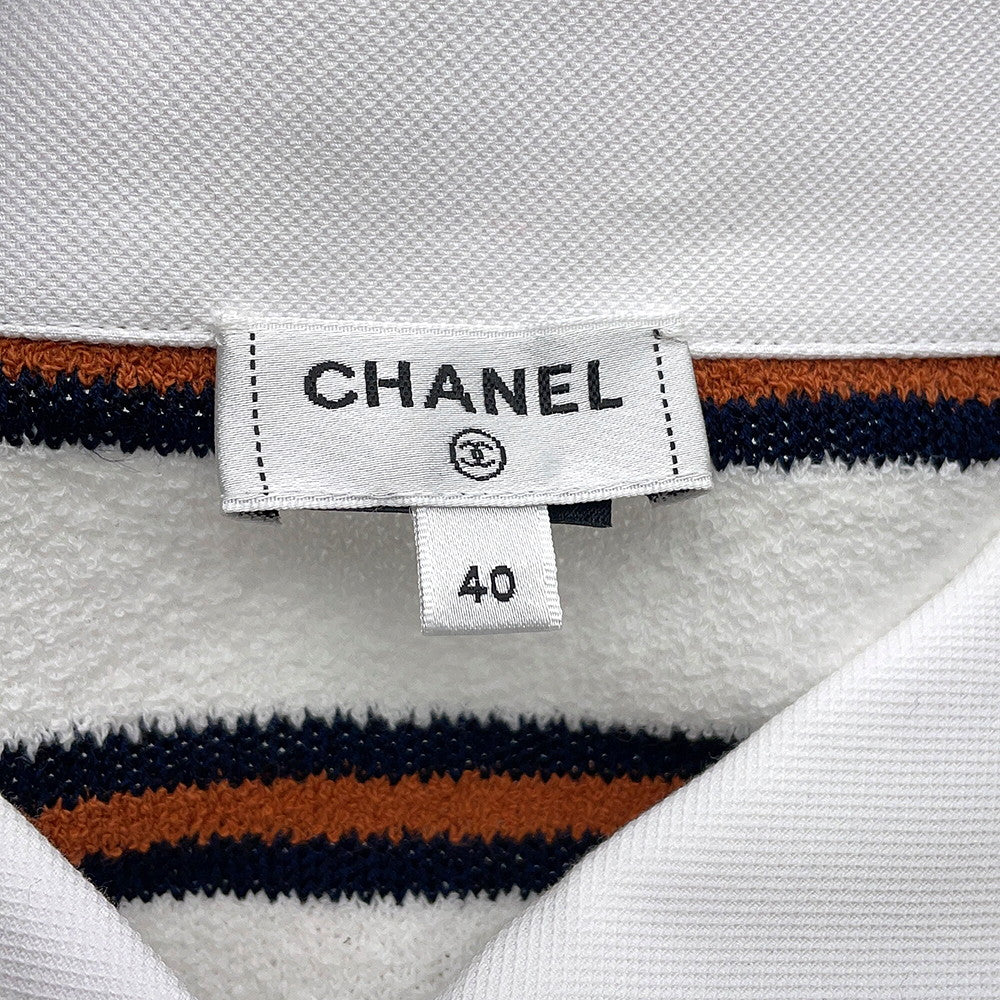 CHANEL pullover polo shirt Size 40 White/Navy/BrownP81087 Cotton